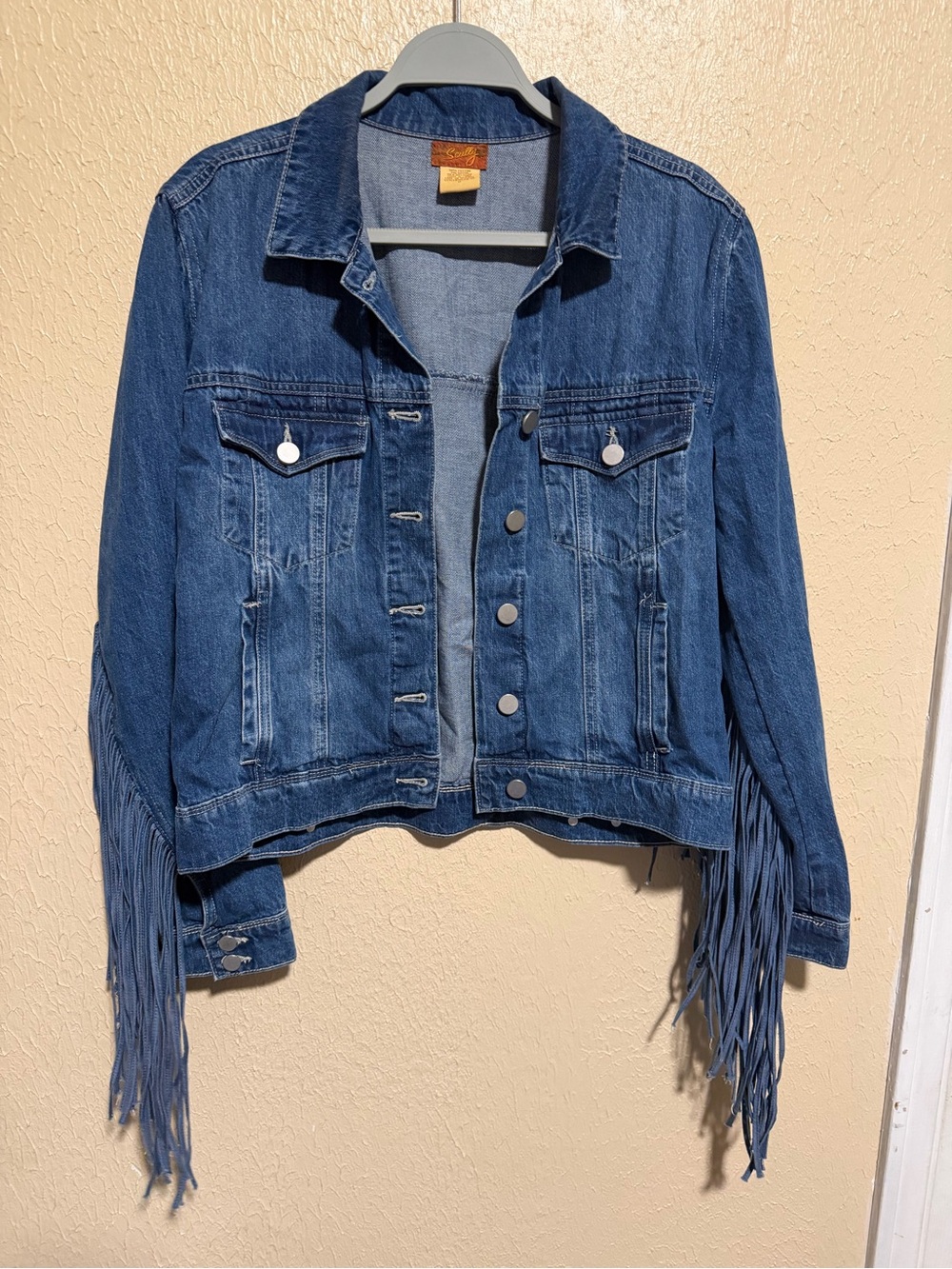 Scully Denim Jacket with Fringe Sleeves Size Medium Cowgirl Western Southern
